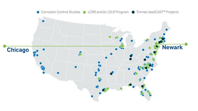 A map showing CDM Smith's project experience related to lead in drinking water