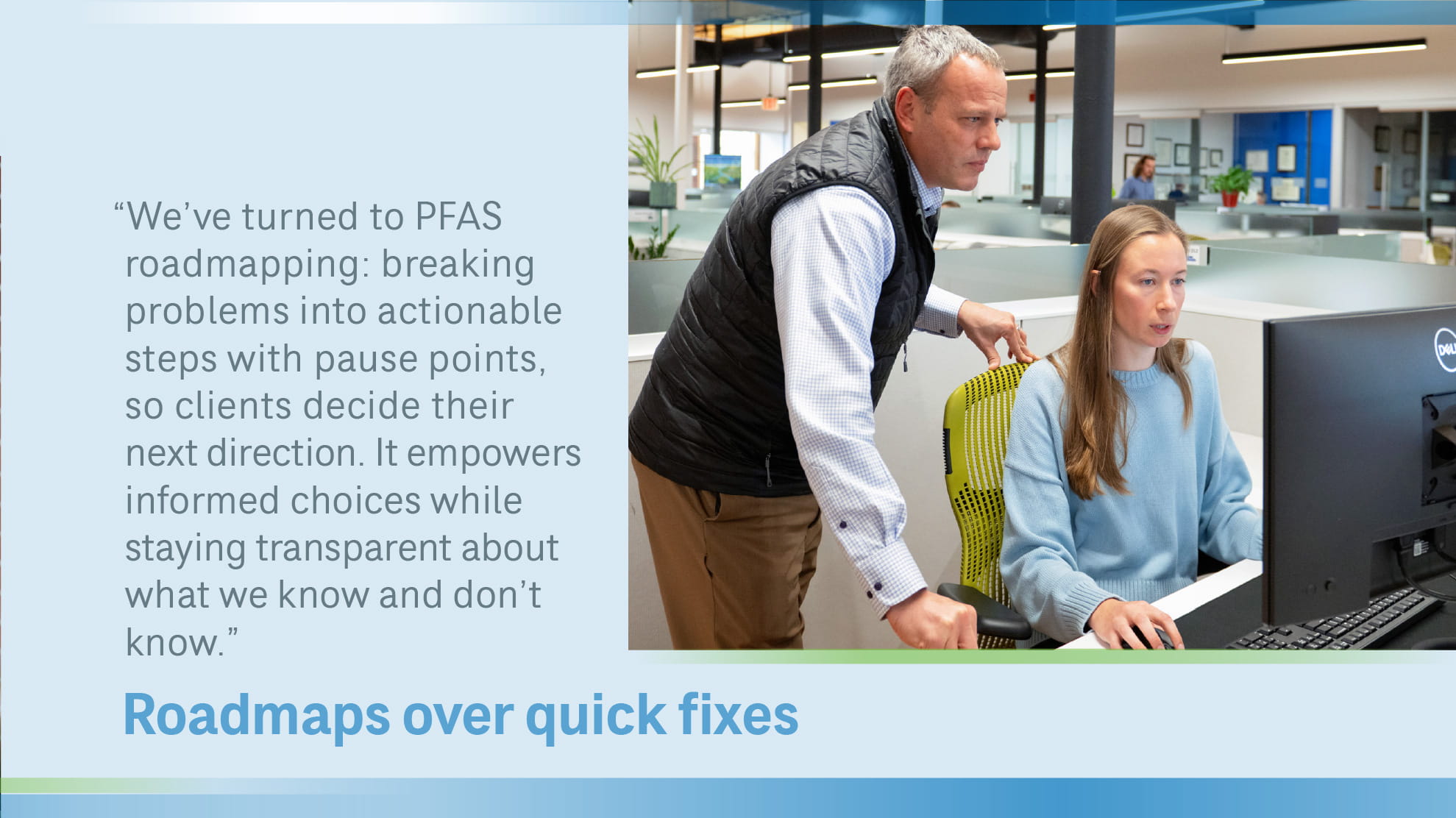 Graphic with text and an image of a woman and man at a computer