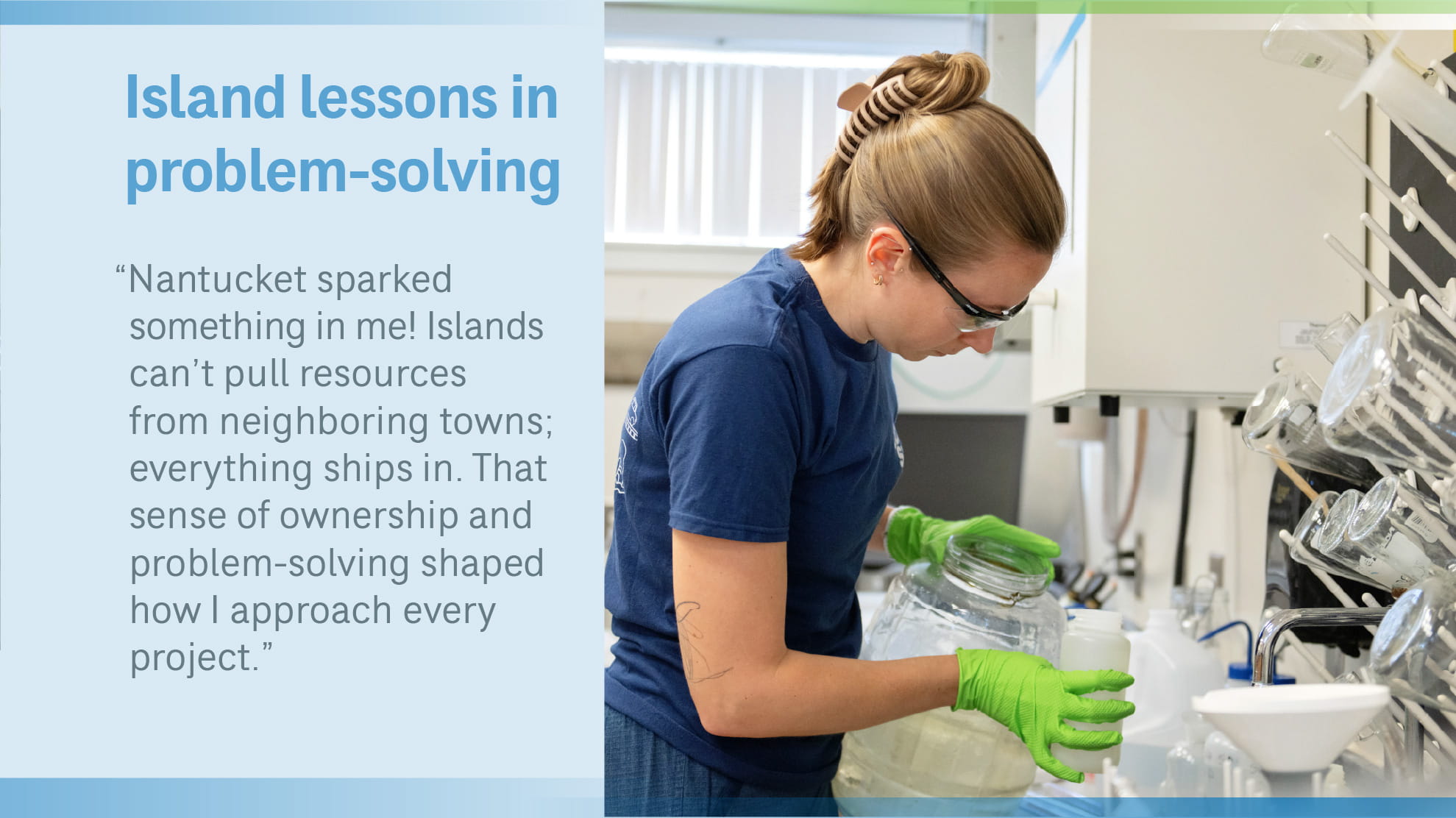 Graphic with text and an image of a woman in a lab