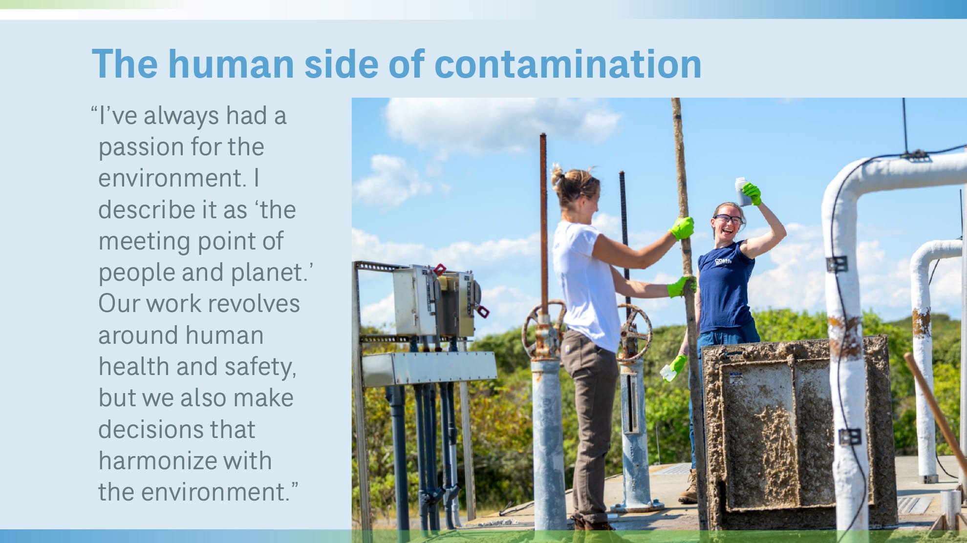 Graphic with text and an image of a 2 women doing water sampling