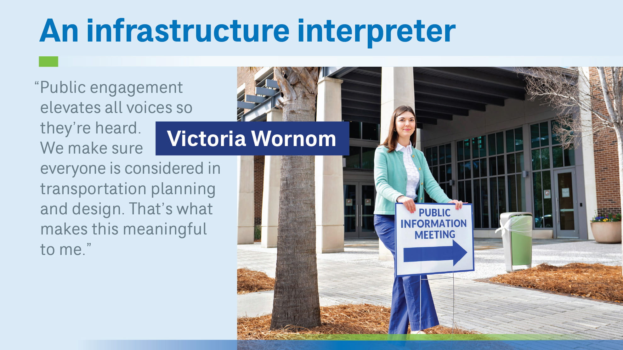 Victoria with sign outside a building