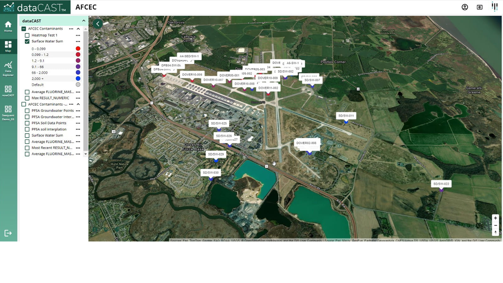 dataCAST dashboard sample locations map