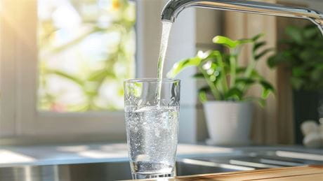 Filling up a glass with clean drinking water from kitchen faucet. Safe to drink tap water.