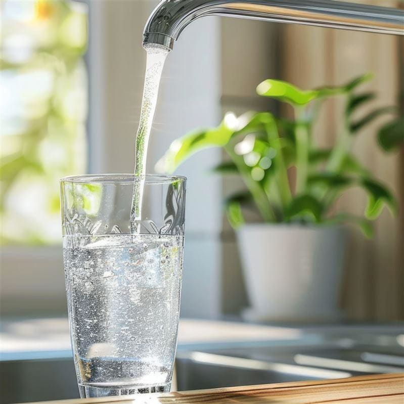 Filling up a glass with clean drinking water from kitchen faucet. Safe to drink tap water.